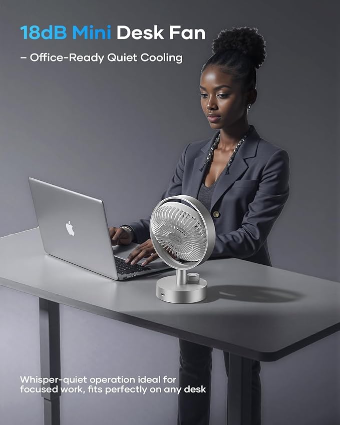 SOTHING Desk Fan, 18dB Ultra-Quiet, 6.6-inch Small Fan with 10-Speed, 160° Oscillating, 7hrs Battery Life, USB-C Rechargeable, Digital Display, Small Desk Fan for Bedroom, Dorm, Office