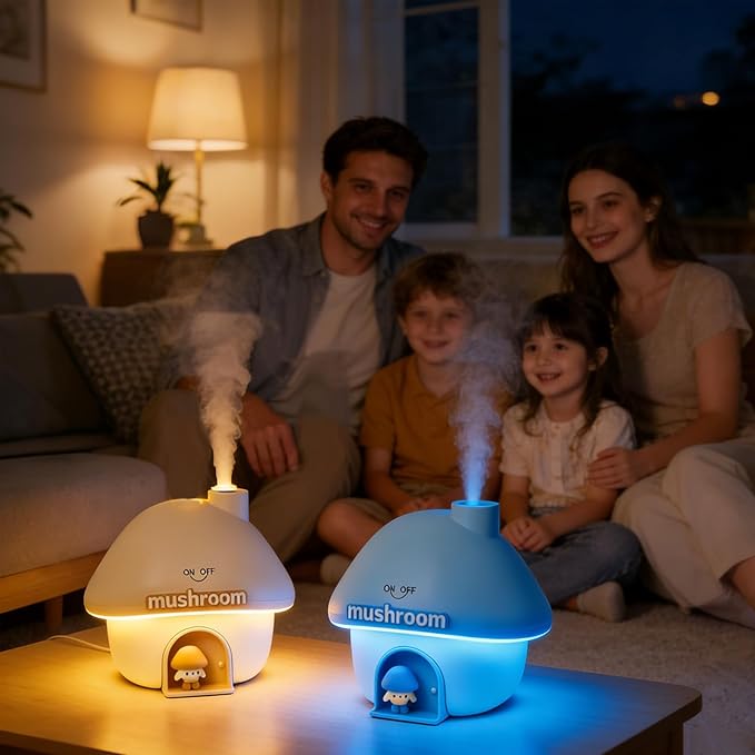 Mushroom House Humidifiers, Rechargeable Desktop Silent Air Humidifier with Night Light, USB Portable Cute Mist Humidifiers with Rainbow Gradient Lighting for Home, Office, Car, and Travel (Blue)