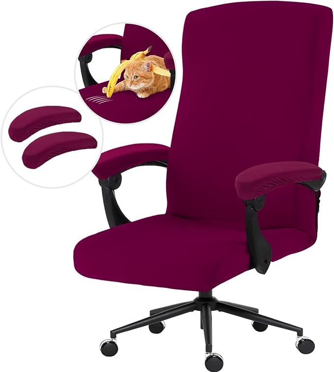 DIVA EN CAMINO DEC Stretch Computer Office Chair Cover with Armrest Covers Durable Zipper Universal Spandex Rotating Boss Chair Slipcovers Anti-dust Soft Desk Chair Seat Protector, Wine Red