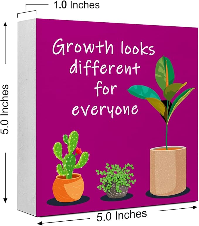 LVQHI Purple Inspirational Desk Sign,Growth Looks Different for Everyone Plant Motivational Wooden Block Sign for Home Bedroom Office Desk Decor 5“L x 5"W x 1.2"H