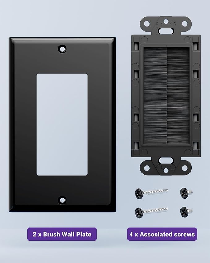 VCE Brush Wall Plate Cable Pass Through, Single Gang Decorator Wall Cover for Low Voltage Cables, In-Wall Cable Management for Wall Mount TV (Black), 2-Pack