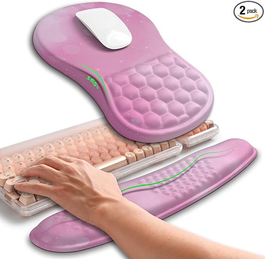 Hokafenle 2in1 Combination, Wave Keyboard Wrist Rest and Ergonomic Curvature Mouse Pad Wrist Support for Relieve Wrist Pain, Filled with Soft Cushion Memory Foam, Romantic Pink