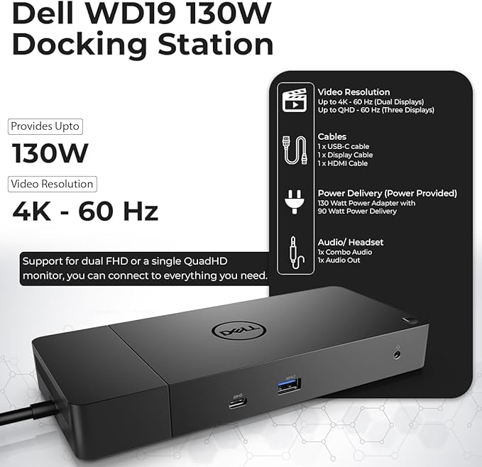 Dell WD19 Docking Station Bundle - Dell Dock with 130W Power Adaper + USB-C Cable (Renewed)