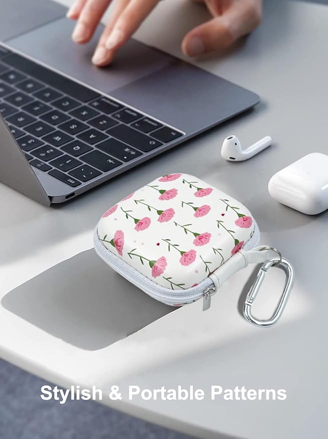 Earbud Case Headphone Organizer Ear Bud Case Portable EVA Carrying Box Storage Bag with Carabiner for AirPods Beats Bose Galaxy Buds 4/3/FE Data Cable Storage (Pink Carnation)