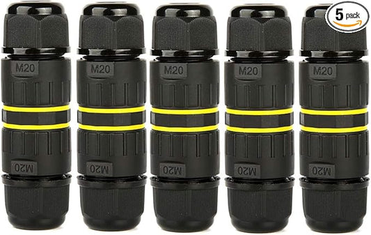 3 Pole Wire Connector Waterproof IP68 External Electrical Junction Box,M20 for Ø5-12mm Wire Range(AC 400V, 24A),UL,2 Way 3Pin 5Pack
