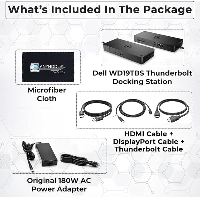 Dell WD19TBS Thunderbolt Dock Bundle - 4K Display, 1 Year Warranty, Dell Docking Station Dual Monitor with 180W Adapter, Anyhdd HDMI, DisplayPort, Thunderbolt Cable - Laptop & Computer Docking Station
