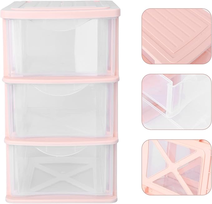 Yardwe Pink Plastic Storage Drawers 3-Layer Clear Drawer Organizer Box for Desktop Makeup and Stationery Storage 9.06X6.89X5.31 Inches Dustproof Unit