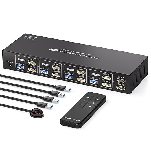 KVM Switch 4 Computers 2 Monitors HDMI 4K120Hz EDID Emulation 4 Port KVM Switch for 4 PCs to Share Dual Monitors and 4 USB 3.0 Peripherals Support for Copy/Extend Modes with Controller