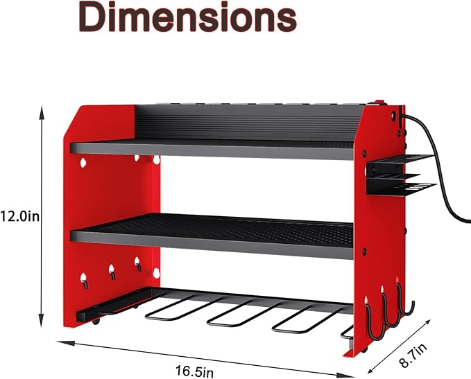 AZERPIAN Power Tool Organizer Wall Mount with Charging Station 3 Layer Heavy Duty Metal Tool Storage Rack with 4 Cordless Drill Holder Utility Rack with 8 Power Strip, Red