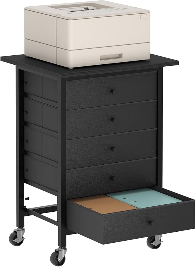 MAHANCRIS 5 Drawer File Cabinet,Rolling Filing Chest Cabinet with Wheels, Under Desk Storage Organizer, Printer Stand with Non-Woven Fabric Drawer, for Home Office, Study, Black FCBK4801