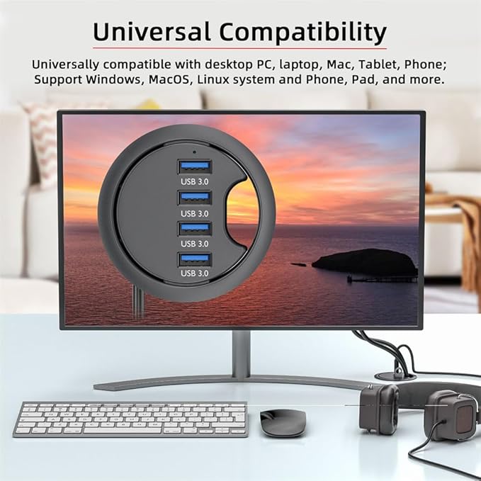 NFHK USB 3.0 Hub 4 Port USB 60mm Desk Grommet Splitter Dock Station Interface for Desktop PC Desk