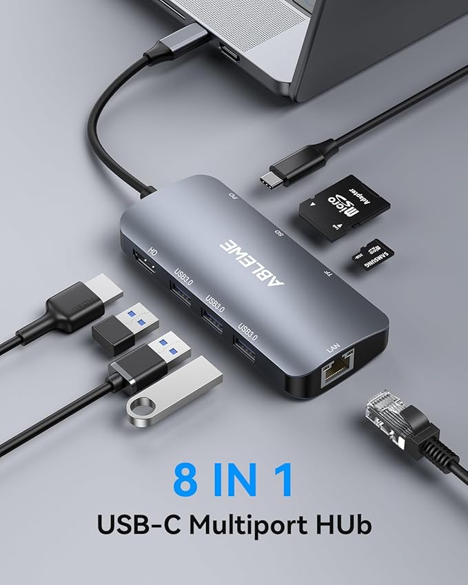 ABLEWE USB C Hub Ethernet, Multiport USB C to HDMI Hub, 8 in 1 4K@60Hz USBC Adapter,1000Mbps, 100W PD, 3 USB 3.0 Ports, Docking Station Compatible for MacBook, Tablet, Phone, Type C Devices