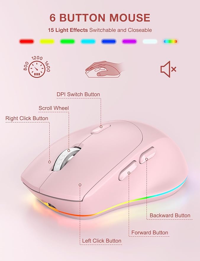 Wireless Keyboard and Mouse Combo, 9 Backlit Effects, Wrist Rest, Phone Holder, 2.4G Lag-Free Ergonomic Keyboards, KM22 MAX Rechargeable Silent Set for Computer, Laptop, Mac, Windows -SABLUTE（Pink）