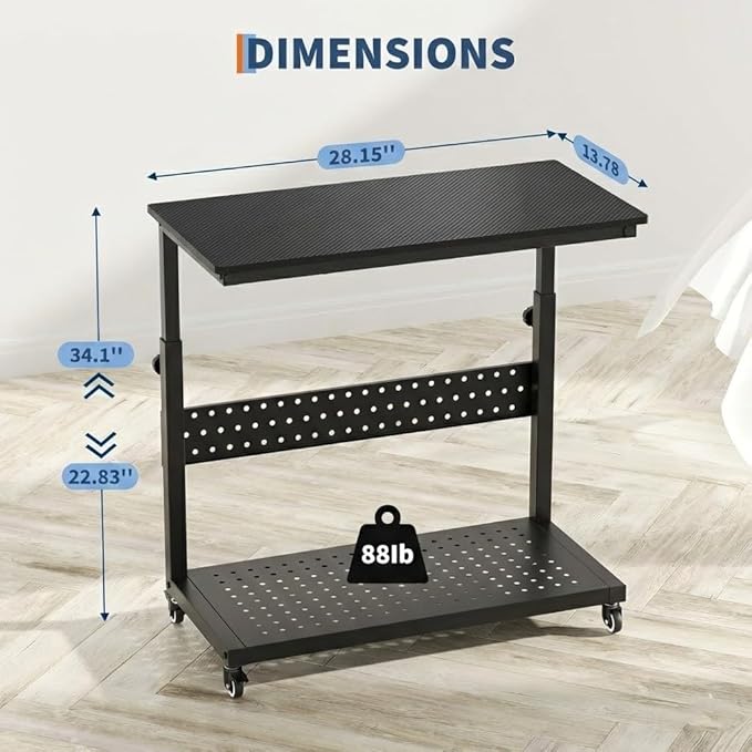 2-Tier Rolling Computer Tower Stand with Cable Management Rack, Height Adjustable CPU Holder Cart with Hooks for Gaming Home Office, PC Stand Fits Under Desk,Carbon Fiber Black