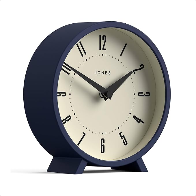 JONES CLOCKS® Venus Desk Clock | Modern Round Design | Blue | Stylish Retro Look for Shelf, Table, Mantel or Bedside