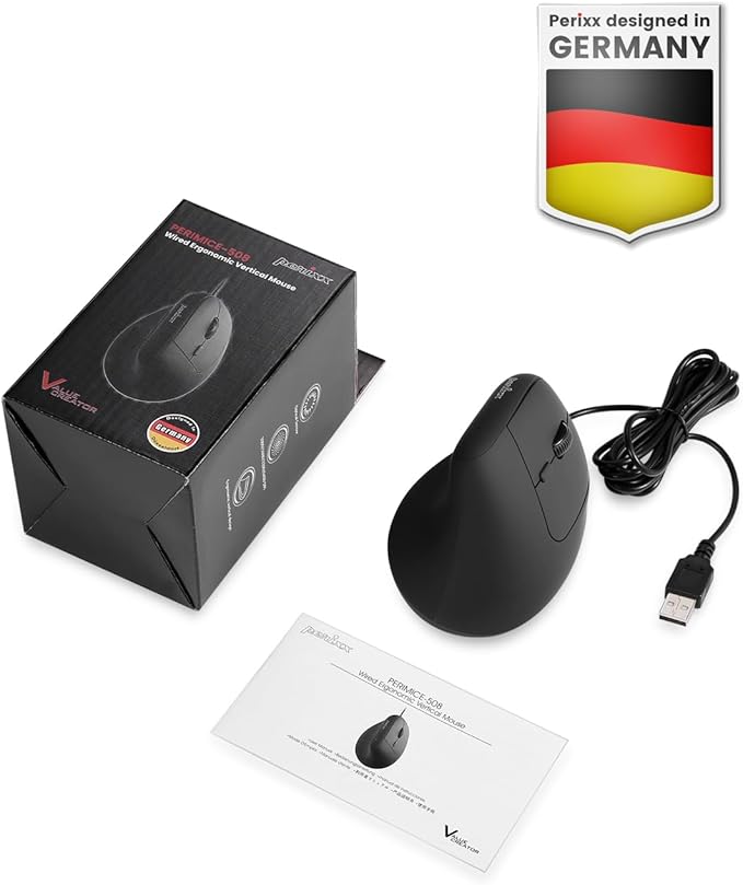 Perixx PERIMICE-508II Wired Vertical Ergonomic Mouse - 6 Buttons, Adjustable DPI 1000/1600/3200/6400, Optical Sensor, USB Plug and Play, Right-Handed, Black