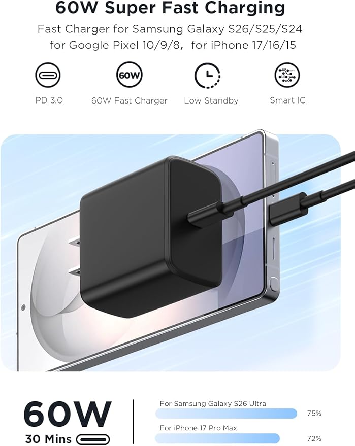 Essri 3Pack 60W Super Fast Charger for Samsung Galaxy S26 Ultra,Type C Charger Fast Charging with 6/6 /10FT Long USB C Cord for Samsung Galaxy S26/S26+/S25/S25 Ultra/S25+/S24 Ultra/S23 Ultra/S22