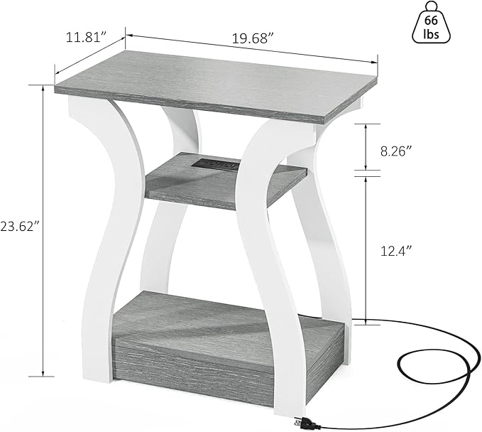 FROMJBEST End Tables Living Room, Grey End Table with Charging Station, Grey Side Table, Nightstand for Bedroom, 3 Tier End Table with Storage Shelf for Living Room