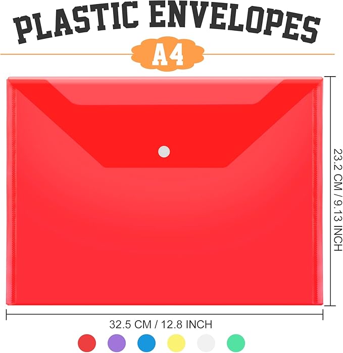 LEOBRO File Folders, 24 PCS Plastic Folders for Documents, A4 Plastic Envelopes with Snap Closure, Letter Size Clear Envelopes Folders, Reusable File Bags, Document Holder