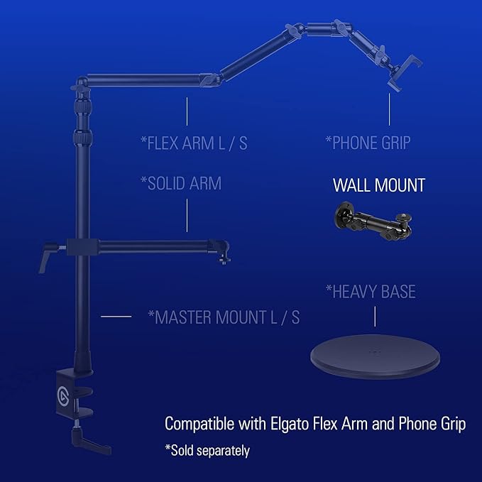 Elgato Wall Mount – Sturdy Horizontal Articulated Arm with 1/4 inch Thread for Easy Mounting and Adjusting of Lights, Cameras, and Microphones, Perfect for Streaming, Videoconferencing, Studios