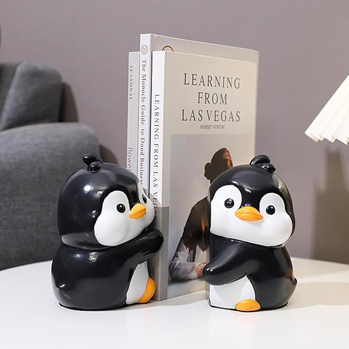 Cute Hug Penguins Decorative Bookends, Unique Animal Book Ends to Hold Books Creative Resin Book Holder Stopper for Home Office Desk Bookshelf Decoration
