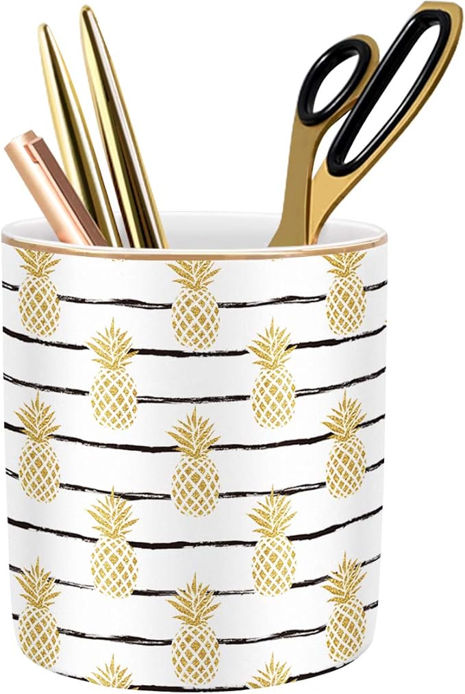 WAVEYU Cute Pencil Holder for Desk, Pineapple Pen Cup Holder, Pretty Office Desk Accessories for Girls Women, Ceramic Workspace Organizers, Makeup Brush Holder for Home, Yellow Pineapple