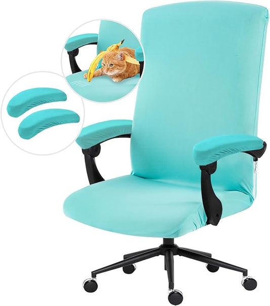 Stretch Computer Office Chair Cover with Armrest Covers Durable Zipper Universal Washable Removable Spandex Rotating Boss Chair Slipcovers Anti-dust Soft Desk Chair Seat Protector, Tifanny Blue