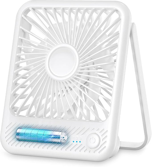 Koonie Desk Fan, Ultra Quiet 2.5-11h Battery Operated Small USB Fan with Strong Wind, 180° Tilt Folding and 3 Speeds Adjustable, Battery Powered Mini Personal Fan for Office Bedroom Desktop White