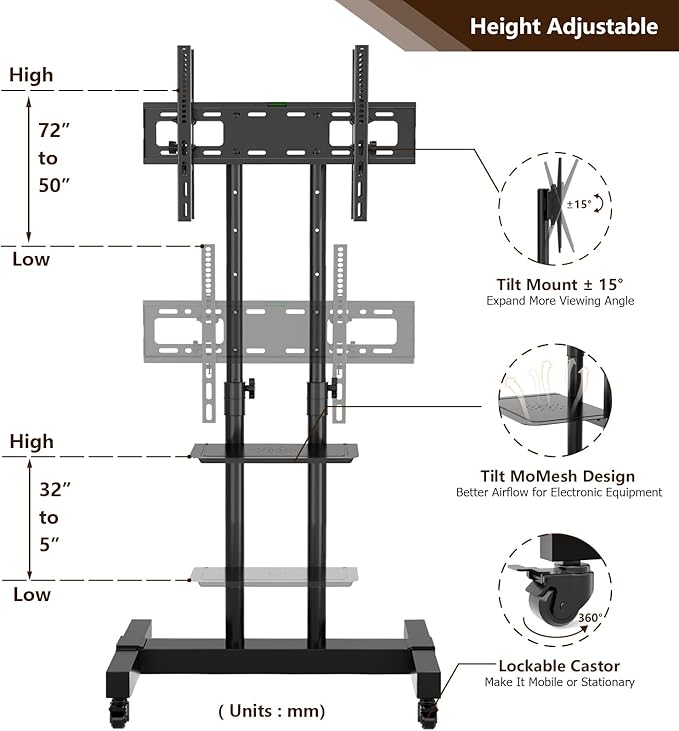 Mobile TV Stand Rolling TV Cart Floor Stand with Mount on Lockable Wheels Height Adjustable Shelf for 32-83 Inch TV Stand Flat Screen or Curved TVs Monitors Display Trolley (Black with 2 TV Brackets)