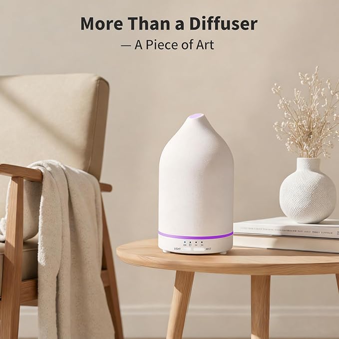 URPOWER 180ML Ceramic Essential Oil Diffuser - Ultrasonic Aromatherapy Diffuser with 7-Color LED Lights, Auto Shut-Off & 2 Mist Modes, Quiet Scent Diffusers for Home, Office, Yoga