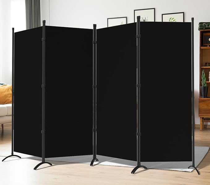 Room Dividers Folding Privacy Screens 4 Panel Partition Screen Steel Frame& Frabic Office Partition for Home Office Dorm Decor Black