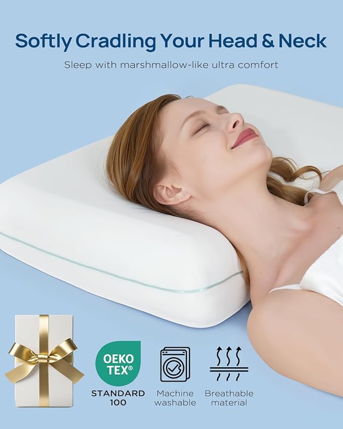 Releep Cooling Soft Memory Foam Pillow, Cervical Neck Pillow for Side Sleepers, Back & Stomach Sleepers, Ergonomic Orthopedic Design for Neck Pain Relief and Deep Sleep, CertiPUR-US, White