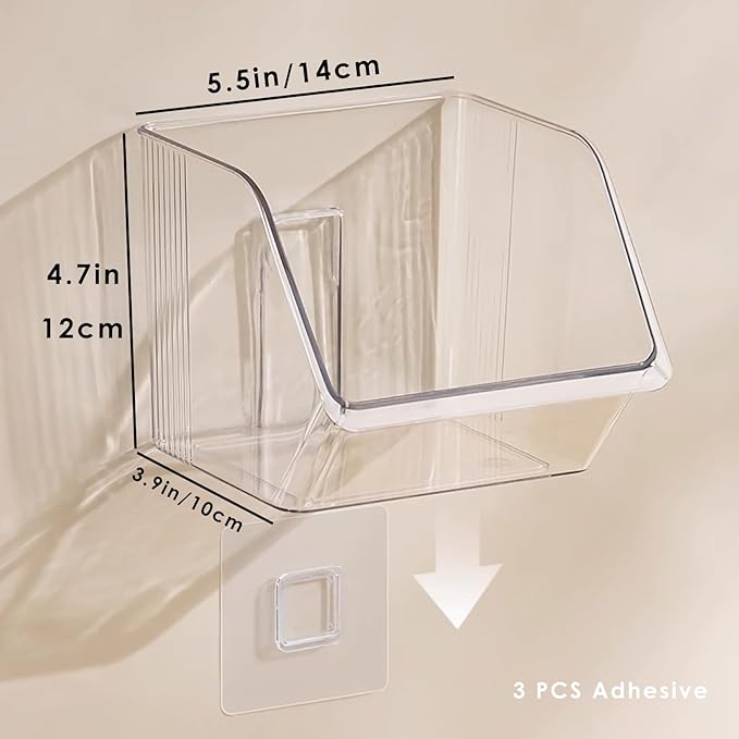 3-Pack Small Clear Acrylic Wall Mounted Storage Baskets, Adhesive Wall Mounted Storage Bins for Cabinet, Kitchen, Pantry, Bathroom