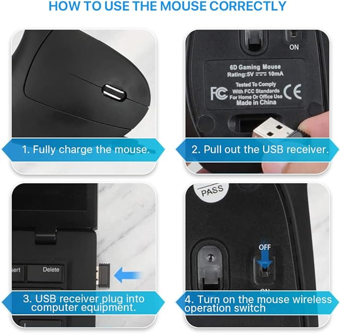 Ergonomic Wireless Mouse Unique Rechargeable Optical Vertical Mouse, 2.4G 5.0 Bluetooth Mouse Ergonomic with 6 Buttons, 800/1200/1600 DPI Wireless Mouse for Laptop,Desktop,PC,MacBook