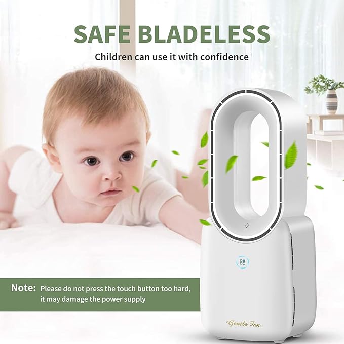 Misby Rechargeable Desk Fan, 5-color LED Light Bladeless Table Fan of 11.8 Inch, White Desk Fans Small Quiet for Bedroom, Home, Office