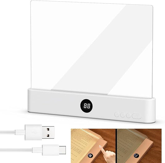Book Light, Rechargeable Clear LED Flat Reading Light with 3 Colors& Timer, Dimmable Panel Plate Lamp Full Page Light, Night Reading for Readers (White 2)