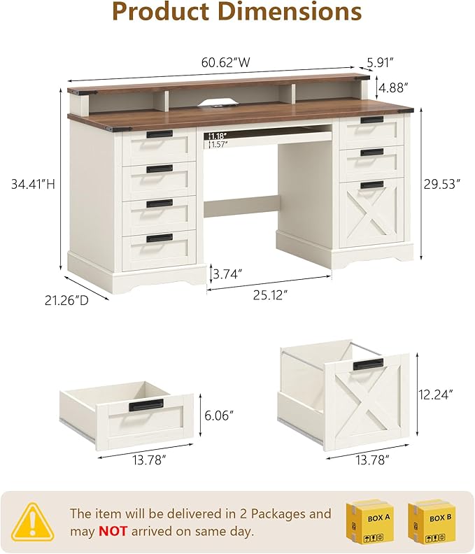 60" Farmhouse Executive Desk with 8 Drawers, Wood Computer Desk with Keyboard Tray and Charging Station, Home Office Desk Writing with File Drawer Fits A4 Size for Work and Study, White and Brown