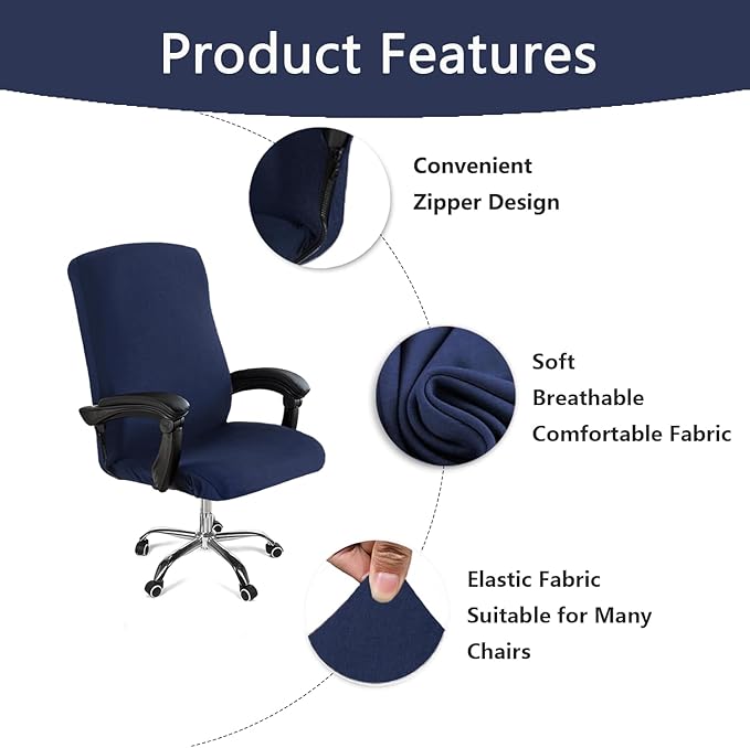 Office Chair Cover,Removable Desk Chair Cover with Zipper,Stretch Anti-dust Universal Rotating Office Seat Slipcover,Washable High Back Computer Seat Protector for Pets (Navy, Large)
