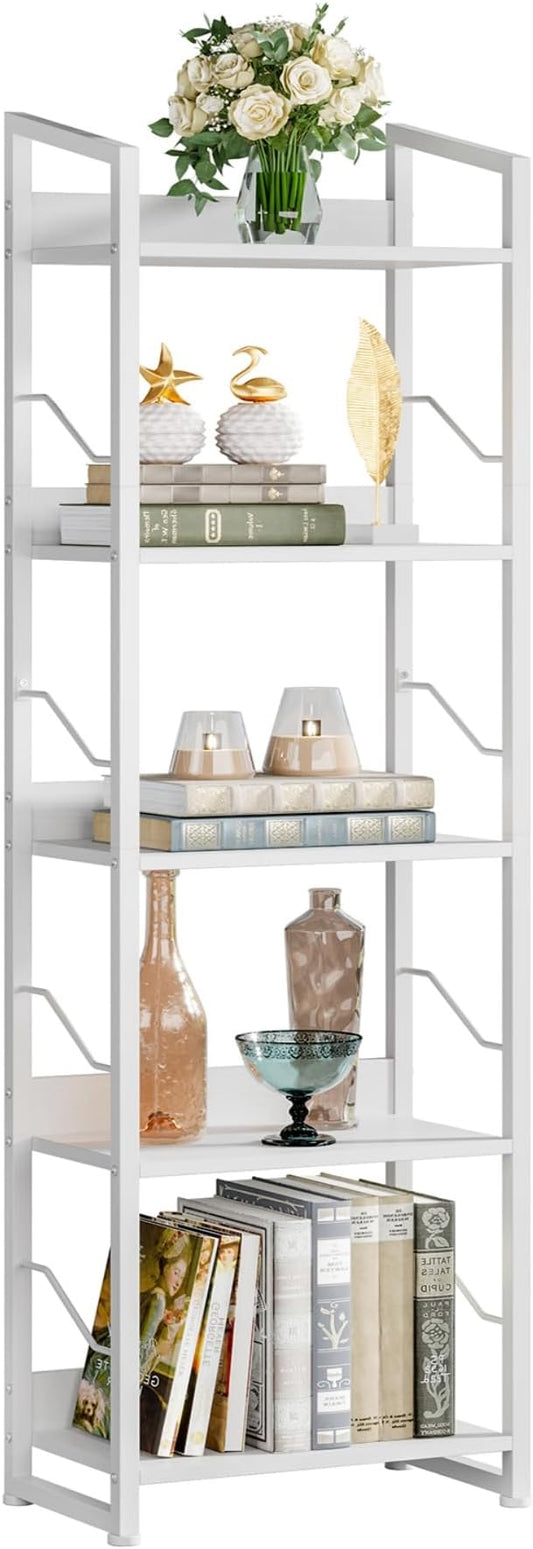 Hosfais 5 Tier Tall Bookshelf: Industrial Wood Book Shelf with Edge Protection Metal Narrow Bookshelf Bookcase Storage Organizer Display Rack for Living Room Home Office (White)