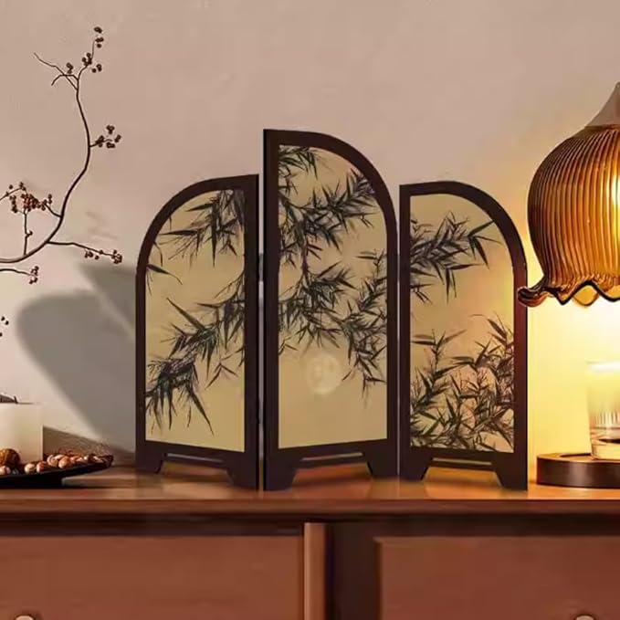 Table Screen,3 Panel Divider Desk Screen,Small Chinese Traditional Decoration,Mini Desktop Feng Shui Ornaments or Home Office New Year Decoration,Oriental Gift, Business Gift