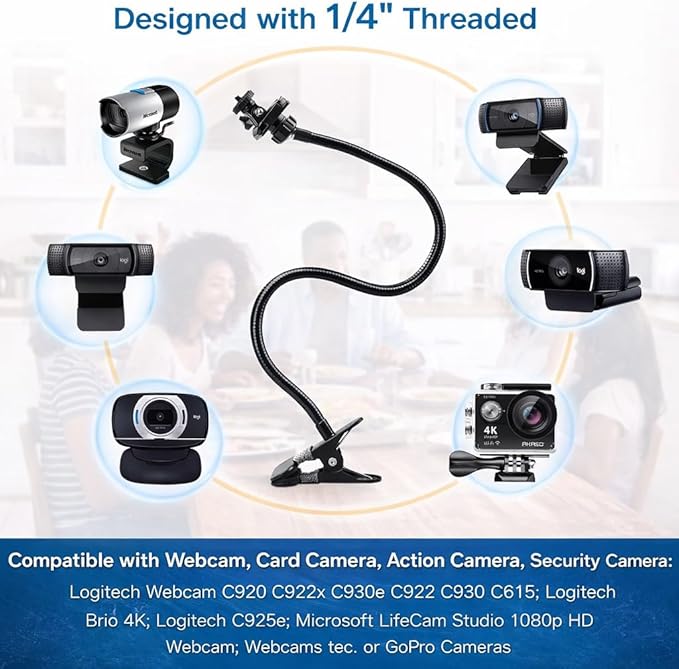 Universal 25 Inch Webcam Stand, Flexible Desk Mount Clamp Gooseneck Stand for Webcam, Camera, Microphone with 1/4" Tread