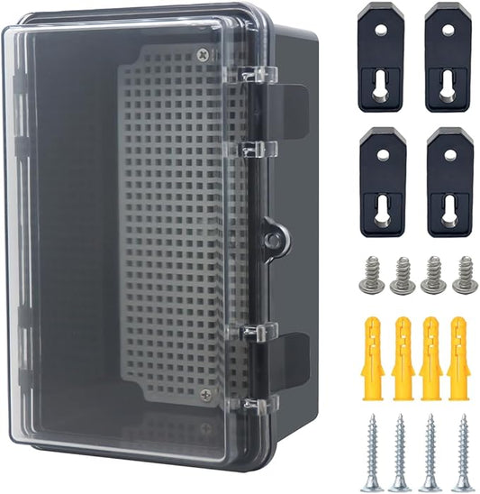 Junction Box, Hinged Black Clear Cover IP67 Waterproof ABS Project Box with Mounting Plate Electrical Box Enclosure with Wall Bracket 8.3 x 5.1 x 4.3inch(210x130x110mm)
