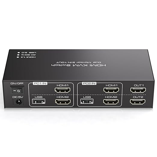 HDMI KVM Switch 2 Monitors 2 Computers 4K@30Hz for 2 Computers Share Dual Monitors and Keyboard Mouse Printer U Disk Support Extended/Copy Mode with 2 USB Cables and Controller
