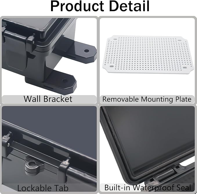 Junction Box, Hinged Black Cover IP67 Waterproof ABS Project Box with Mounting Plate Electrical Box Enclosure with Wall Bracket 11.8 x 7.9 x 6.7inch(300x200x170mm)