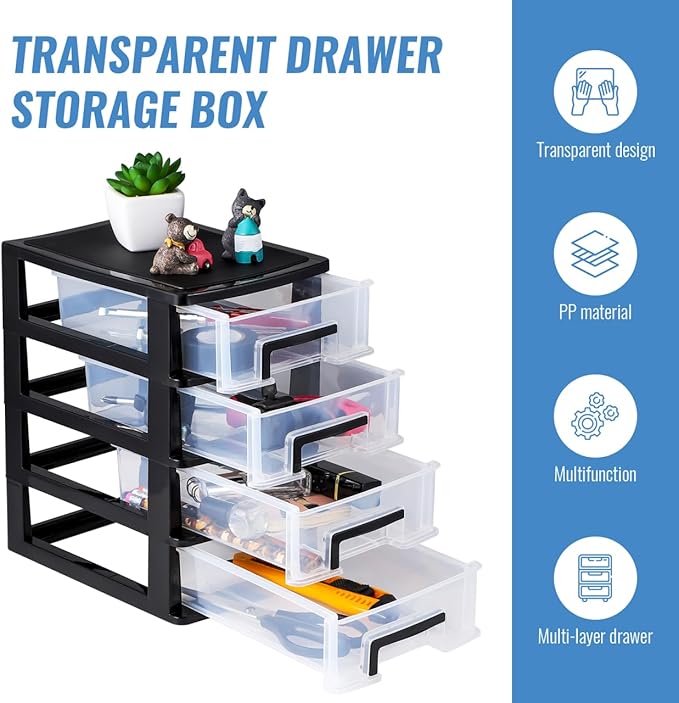 DOITOOL 4 Drawer Storage Organizer, Plastic Storage Bins Desk Organizer with Drawers for Makeup Vanity Nail Polish Bathroom Stationery Art Craft Supplies, Kitchen Office Organization