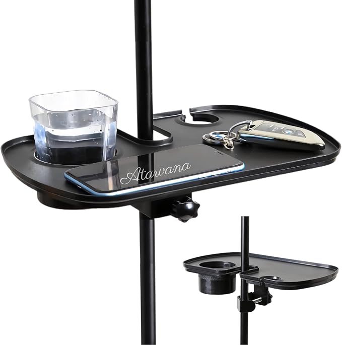 Universal Microphone Stand Tray with Drink Holder, Adjustable Mic Stand Clamp-On Utility Shelf Rack Tray Holder for Music Sheet, Live Streaming, Concert, Karaoke, Recording, Music Stand Accessories