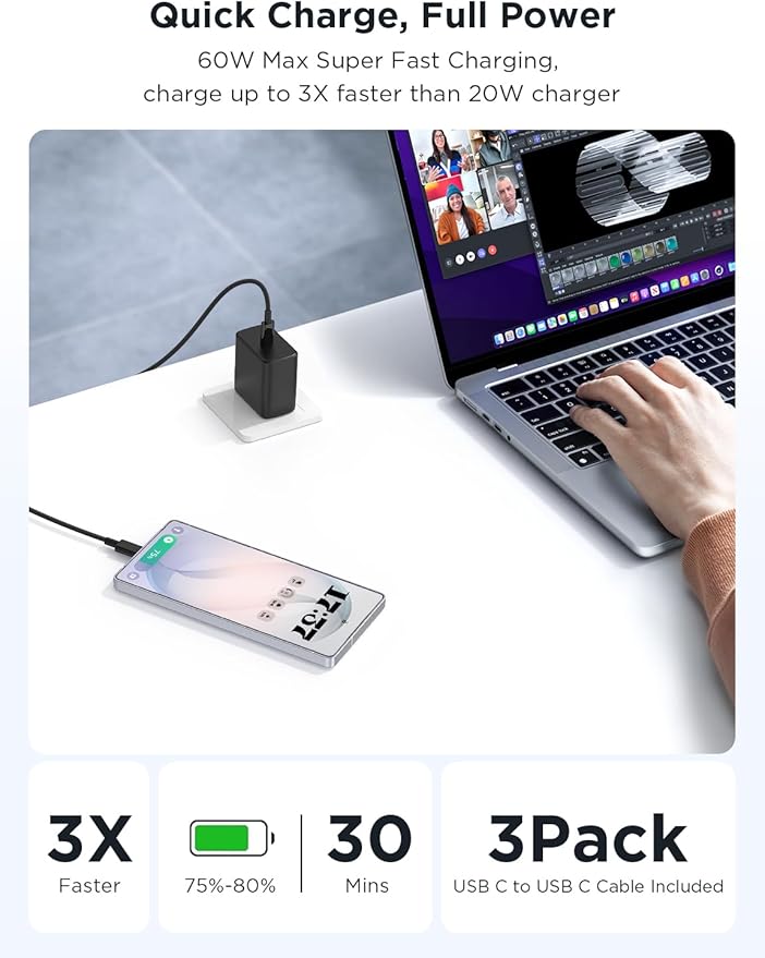 Essri 3Pack 60W Super Fast Charger for Samsung Galaxy S26 Ultra,Type C Charger Fast Charging with 6/6 /10FT Long USB C Cord for Samsung Galaxy S26/S26+/S25/S25 Ultra/S25+/S24 Ultra/S23 Ultra/S22