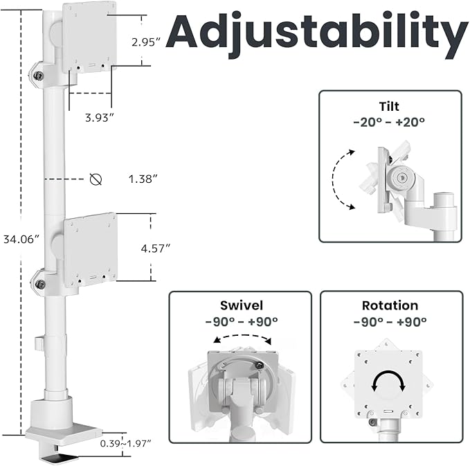 Dual Monitor-Arm Heavy Duty Ultrawide - 24-57 inch Vertical Dual Monitor Mount, Adjustable Stacked Double Monitor Desk Mount Stand, Max Load 59.4 lbs (per Arm), VESA 75/100 mm, White