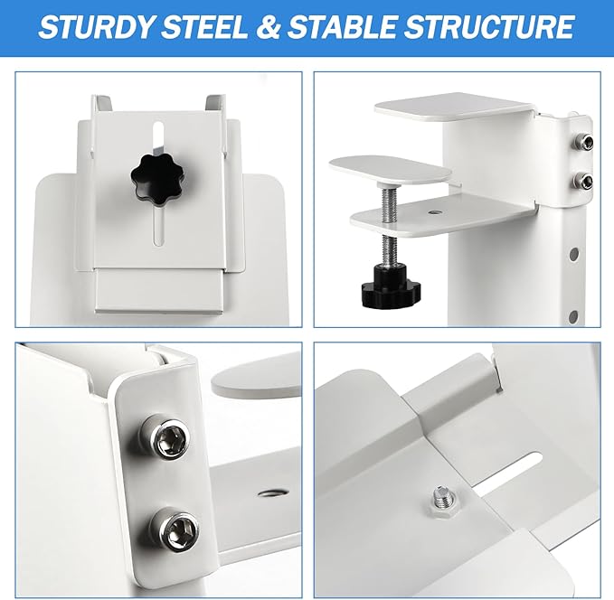 Adjustable Clamp Mount On Desk for PC Tower - No Drilling, Height Adjustable from 13.2" to 21.6", Width Adjustable from 5.5" to 9.8", Heavy Duty Under Desk Computer Case CPU Holder, White