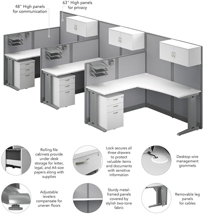 Bush Business Furniture Office in an Hour 3 Person L Shaped Cubicle Desks with Storage, Drawers, and Organizers in Pure White | Triple Workstation Set with Privacy Panels for Commercial Workspace